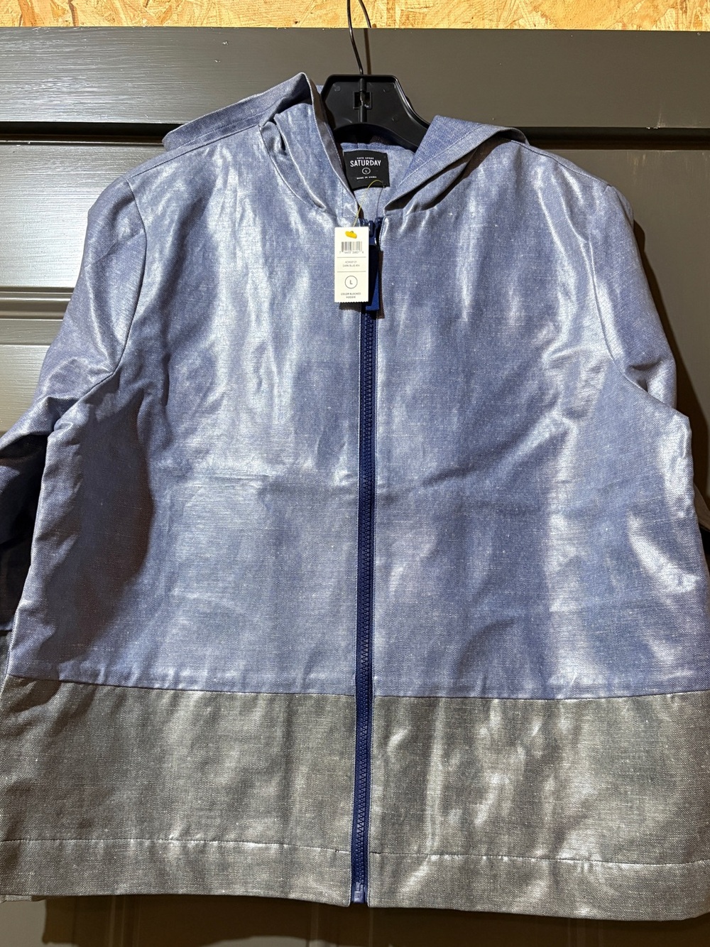 Kate Spade “Saturday” Blocked Color Hoodie in Shimmery Blue and Gray